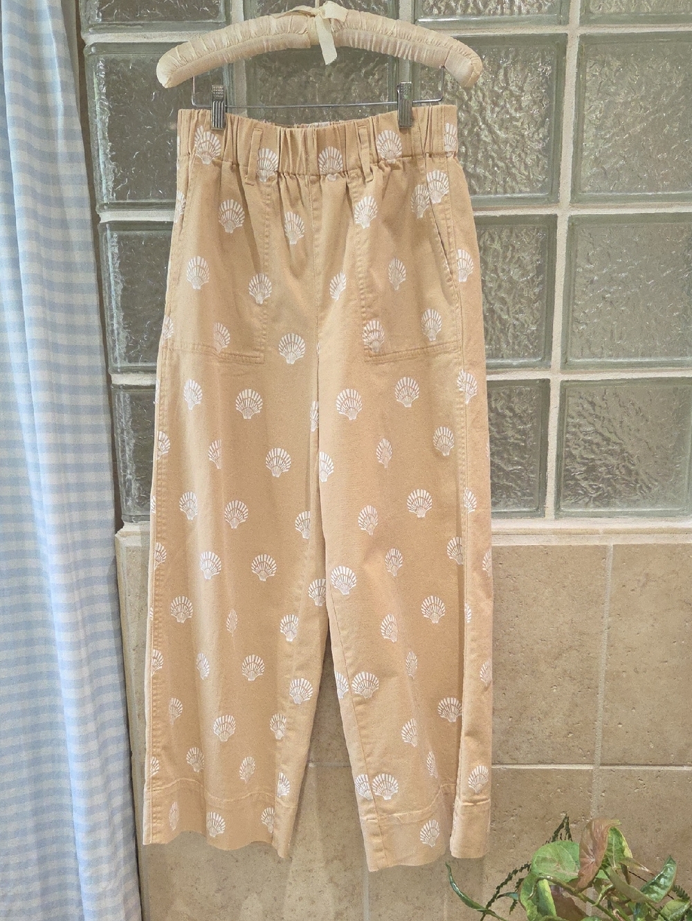 J. Crew Womens Beige Khaki Chino Shell-Print Elastic Waist Wide Leg Pants Small